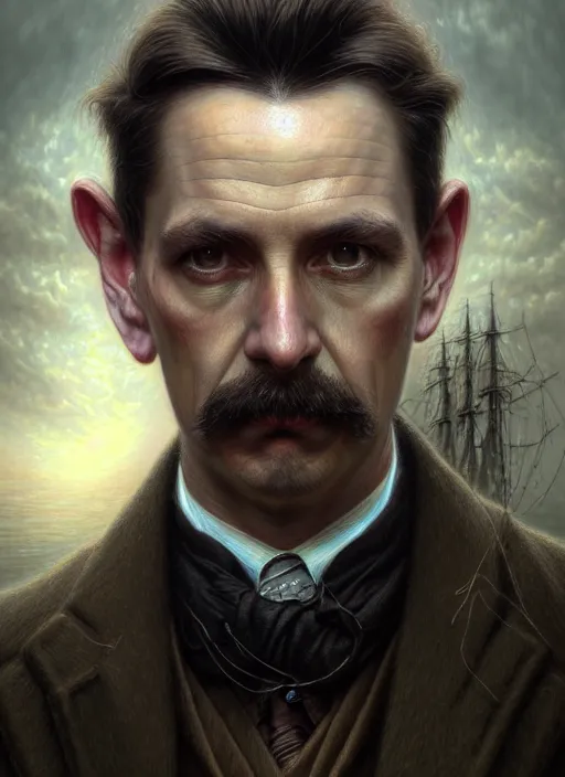 Prompt: closeup portrait shot of a victorian detective in a scenic dystopian environment, intricate, elegant, highly detailed, centered, digital painting, artstation, concept art, smooth, sharp focus, illustration, artgerm, tomasz alen kopera, peter mohrbacher, donato giancola, joseph christian leyendecker, wlop, boris vallejo