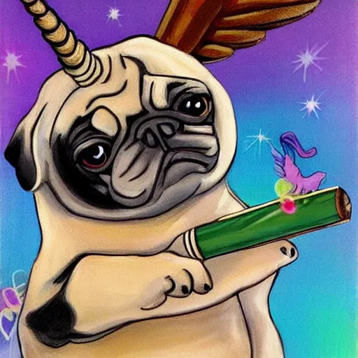 Image similar to a pug with wings and a unicorn horn smoking a cigar