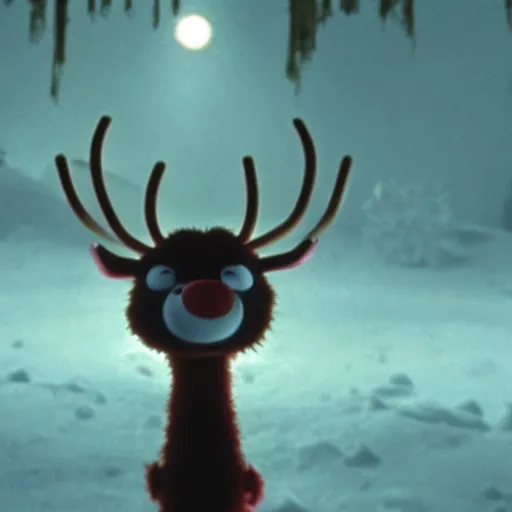 Image similar to a cinematic film still from a 2001 Pixar horror movie about an anthropomorphic Reindeer that turns evil, in the style of Pixar, shallow depth of focus