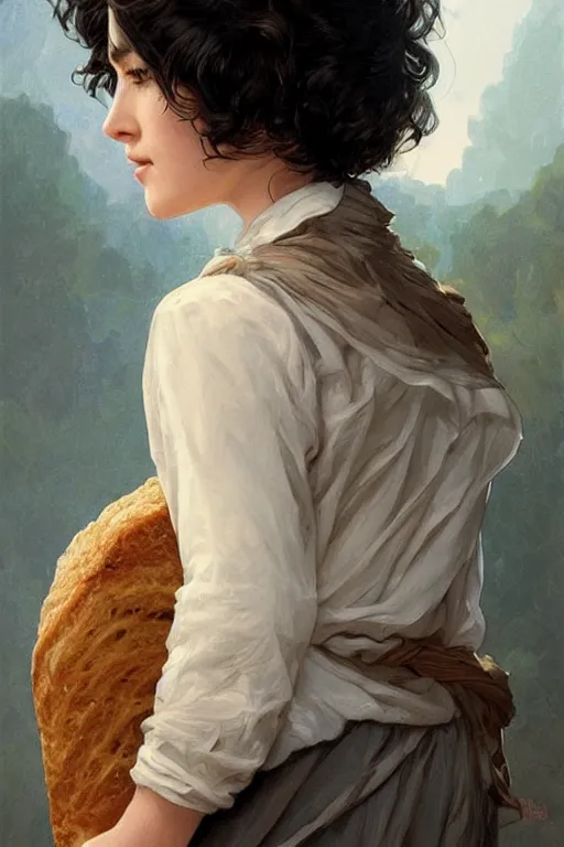 Image similar to beautiful cottagecore of a girl with short black curly hair, round face, cute face, holding a loaf of bread. intricate, elegant. highly detailed, digital painting, artstation, concept art, smooth, sharp, focus, illustration. . art by artgerm and greg rutkowski and alphonse mucha