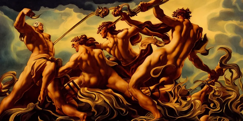 Prompt: Heracles slaying the Lernaean Hydra, by Rolf Armstrong and Evelyn De Morgan, dramatic lighting, high contrast colors, baroque, empyrean, panoramic view, as trending on Artstation, highly detailed, doom engine,