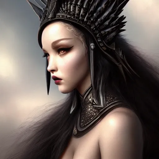 Image similar to tom bagshaw, very beautiful genetic mix of dove cameron madison beer bella poarch in a dark fantasy warrior armor, winged helm, thin gothic makeup, professionally retouched, focus eyes, ultra realistic soft painting, insanely detailed linework, symmetrical accurate intricate features, behance artstation, 8 k