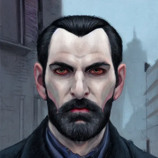 Prompt: portrait of a greying pale vampire police officer with short hair and a patchy beard, close up, grimy streets backdrop, highly detailed, sharp focus, perfect eyes, art by esad ribic