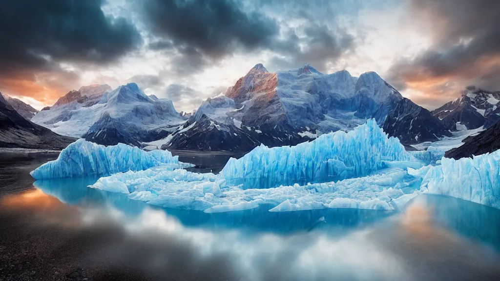 Image similar to amazing landscape photo of a glacier by marc adamus, beautiful dramatic lighting