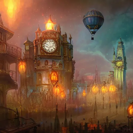 Image similar to a beautiful stunning fantasy whimsical matte digital illustration of a scene of a steampunk hot - air balloon over a lit steampunk city with a clock tower at night by marc simonetti, pastel color palette, disney magic the gathering steampunk!!!, chiaroscuro magical! bokeh moon stars dramatic romantic! epic breathtaking, trending on artstation hq, masterpiece