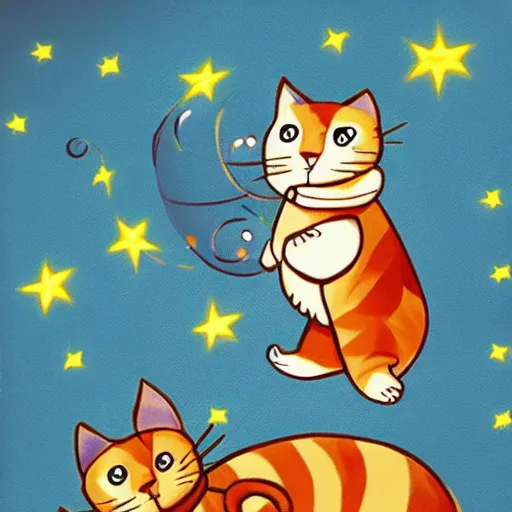 Image similar to baby wizard cat flying across the space with bright stars