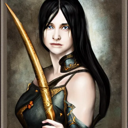 Image similar to portrait of a female black haired half - elves with two swords and pointy ears