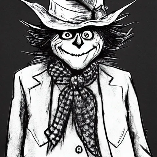 Prompt: a Pop Wonder scary horror themed goofy-hilarious-character Jack-Frost-Babadook-scarecrow-madhatter-williewonka-wearing a scarf, 3-piece-suit, dime-store-comic drawn with charcoal and pen and ink, half-tone-line-stacking