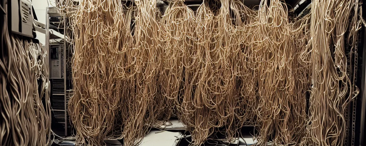 Prompt: a large computer server room overflowing with spaghetti, canon 5 0 mm, cinematic lighting, photography, retro, film, kodachrome, closeup