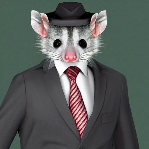 Prompt: HD photo of an opossum lawyer. opossum barrister. opossum legal professional. HD photorealistic digital render.