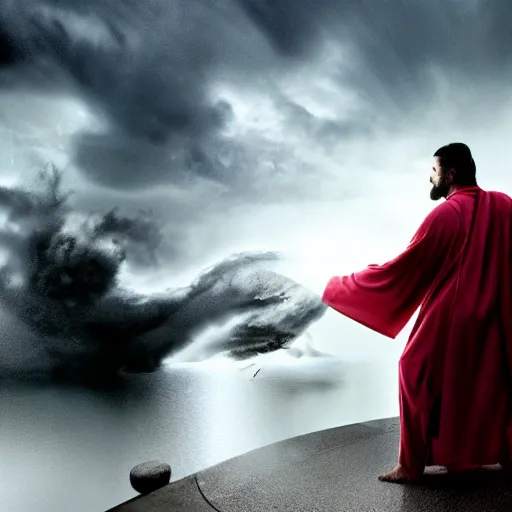 Prompt: wide cinematic shot of a wizard in a white robe fighting a wizard in a black robe during a thunderstorm. very suspensful