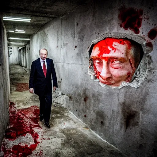 Image similar to putin with a chainsaw. in a concrete bunker with a pile of corpses. focus on putins face with blood splatters. canon eos r 3, f / 1. 4, iso 1 6 0 0, 1 / 8 0 s, 8 k, raw, grainy