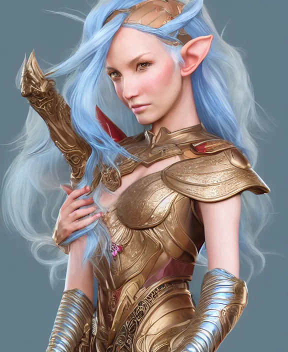 Prompt: a regal elf with long blue windswept hair in a rose gold breastplate, 3 d render by mandy jurgens, artgerm, and lu ji, centered, artsation contest winner, cgsociety, fantasy art, cryengine, concept art, photorealism, daz 3 d, sketchfab, zbrush, vray