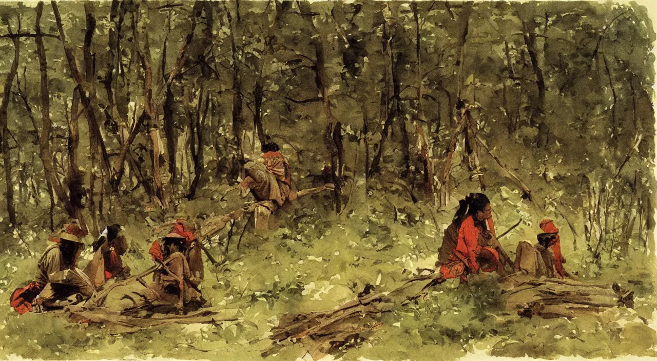 Image similar to Indian natives are waiting, hidden in the woods, watercolour by Winslow Homer, oil on canvas