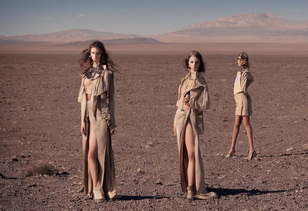 Prompt: fashion editorial in nuclear explosion on Nevada desert. wide angle shot. highly detailed. depth of field. high definition. 8k. photography.