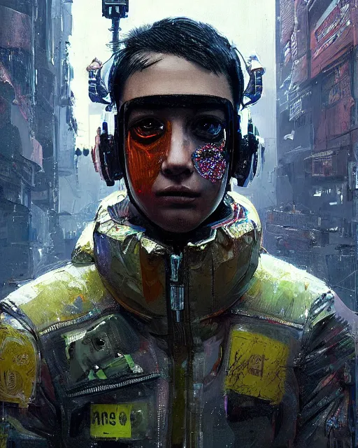 Prompt: detailed portrait Neon guard boy with short dark hair seen from the back, cyberpunk futuristic, reflective puffer jacket, decorated with traditional ornaments in front of a dystopian crowd with piles of garbage by Ismail inceoglu dragan bibin hans thoma, Perfect face, fine details, realistic shaded, fine-face, pretty face