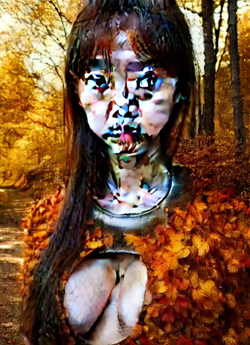 Prompt: a masterpiece hyperrealistic ultradetailed fullbody photograph of a lifelike real human anime girl wearing steel plate armor, autumn forest background, made by wlop, trending on artstation, sad, human face, k - pop, rough skin pores texture, photoreal image, desaturated, 3 d rendered, unreal engine 5, extremely detailed, sharp focus, 4 k