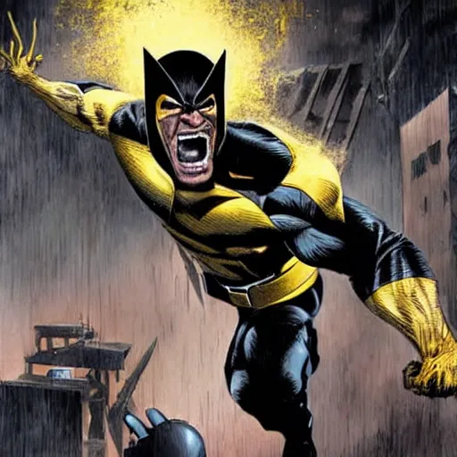 Prompt: Clint Eastwood as Wolverine, with yellow black mask from xmen comic books, jumping from a building angry face, hyper realistic, high detail skin