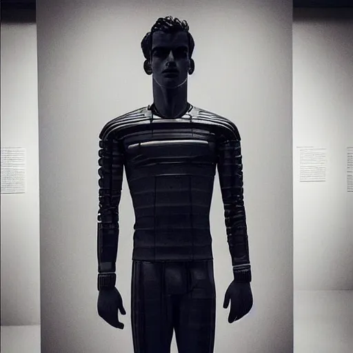 Image similar to “ a realistic detailed photo of a guy who is an attractive humanoid who is half robot and half humanoid, who is a male android, soccer player antoine griezmann, shiny skin, posing like a statue, blank stare, at the museum, on display ”