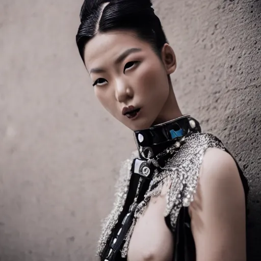 Prompt: fashion photography of an asian model, wearing black rococo fashion, inside berghain, berlin fashion, futuristic fashion, photo 3 5 mm leica, hyperdetail, berghain, 8 k, very detailed