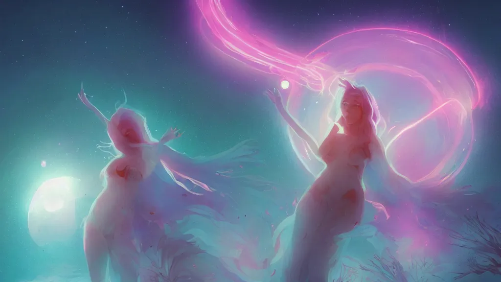 Image similar to a beautiful whimsical goddess standing in a lake basking in the moonlight, underneath a multi-colored binary blackhole with an accretion disc, glowing trails following her arm, by Lois van Baarle, by Greg Rutkowski, by artgerm, by beeple, by studio ghibli, cinematic angle, volumetric lighting, 4k resolution, octane render, trending on artstation, masterpiece