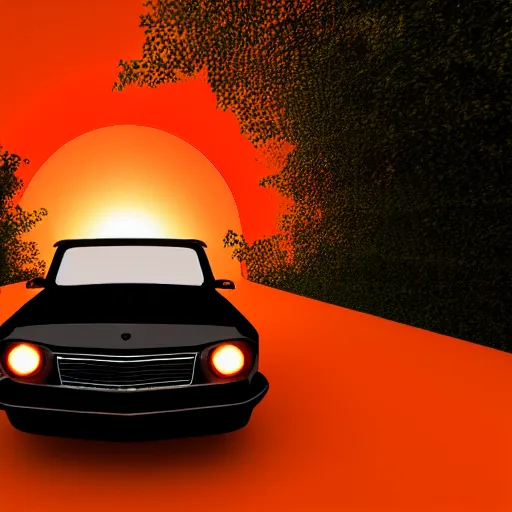 Image similar to a car is flying in front of a bright orange sun, a raytraced image by Mārtiņš Krūmiņš