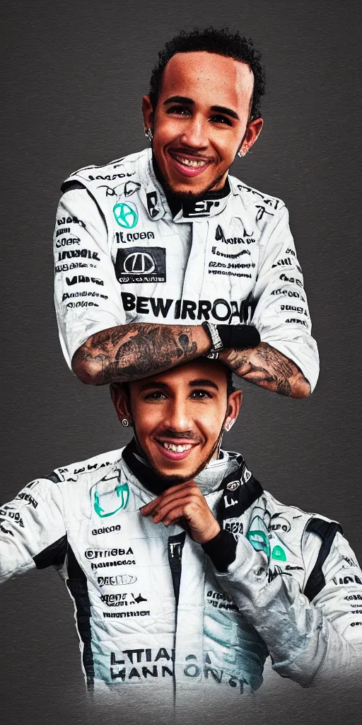 Image similar to A portrait of Lewis Hamilton in his racing uniform by Banksy, octane render,,highly details