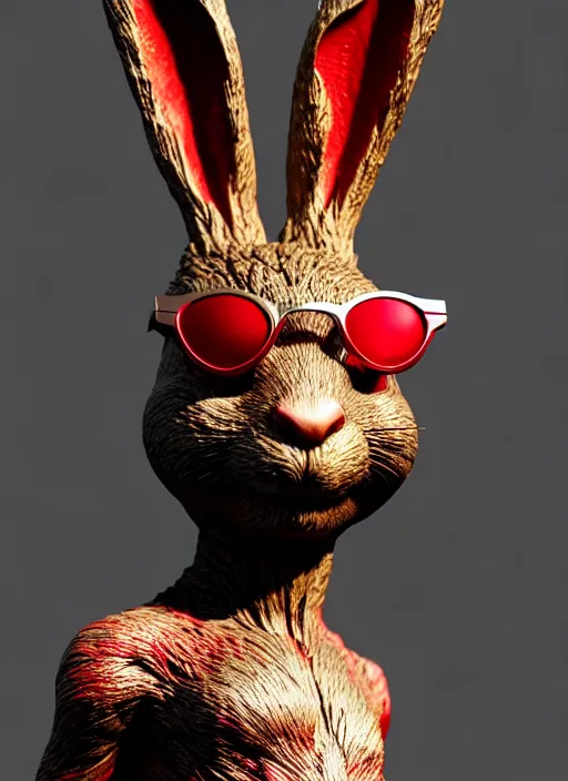 Prompt: rabbit groot as marble statue, red sunglasses, in red background, soft red texture, red realistic 3 d render, high red lights, 4 k, high detailed photography red, 5 0 mm lens, rich red colors, smooth gradients, depth of field, cinematic, hyper realism, high detail