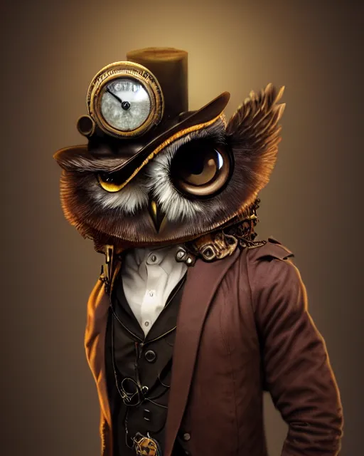 Prompt: steampunk male owl portrait, handsome, steampunk hat, detective coat, steampunk monocle, hyper realistic 3 d render by ilya kuvshinov, peter mohrbacher, greg rutkowski, ryohei hase, dramatic lighting, intricate, highly detailed, sharp focus, luminous, unreal engine, blender, deviant art, masterpiece, ray tracing