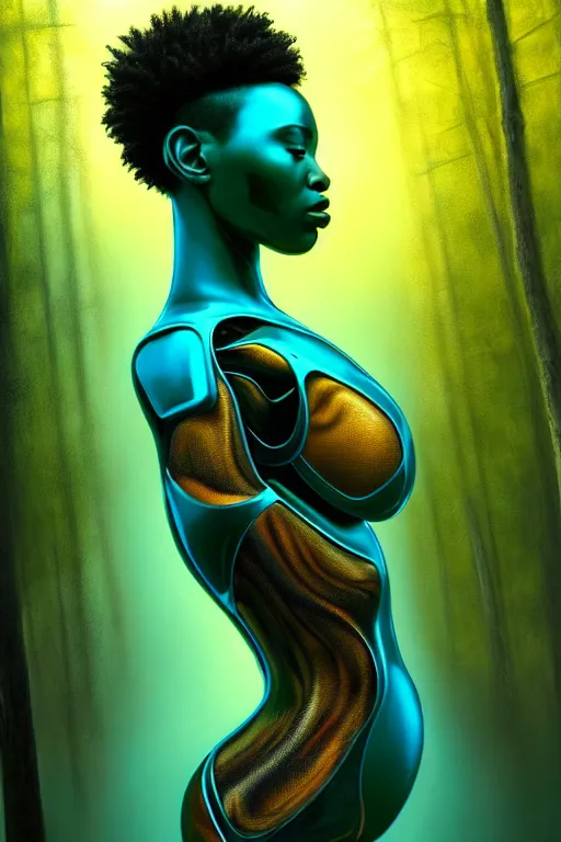 Image similar to hyperrealistic avant garde cinematic super expressive! black woman with exoskeleton armor, merging with tree in a forest, highly detailed digital art masterpiece, smooth cam de leon eric zener dramatic pearlescent soft teal yellow light, ground angle hd 8 k, sharp focus