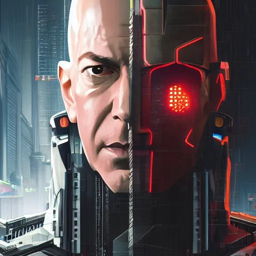 Image similar to front view, imposing, ominous portrait of cyborg Jeff Bezos as a cyberpunk 2077 loading screen, symmetry, front view, intricate, studio, art by anthony macbain + greg rutkowski + alphonse mucha, concept art, 4k, sharp focus