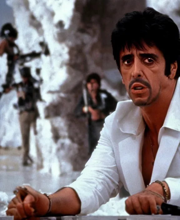 Image similar to extreme long shot. tony montana from movie scarface 1 9 8 3. staying with m 1 6 riffle. table with mountains of cocaine in background. al pacino. perfect symmetric face, coherent eyes, fine details, 4 k, ron cobb. cinestill