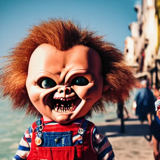 Prompt: screaming chucky doll chasing tourists in venice kodak porta hd