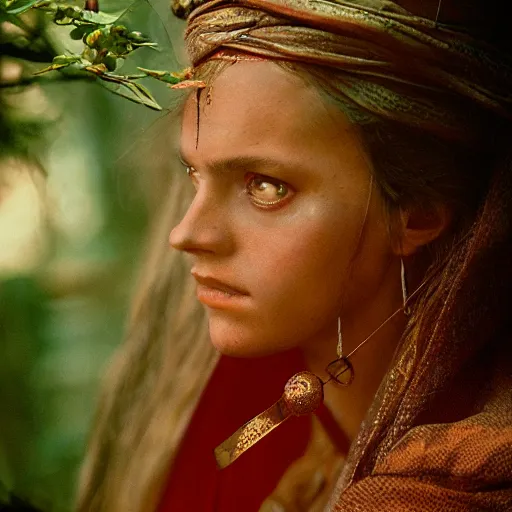 Prompt: beautiful portrait of a female sorceress, 35mm, cinematic atmosphere, photorealistic, depth of field, style of irwing penn and steve mccurry