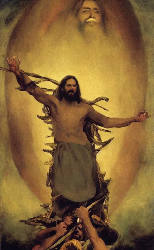 Image similar to evil jesus holding cornucopia!!!!!!!!! 1 sitting on a huge!!!! throne of entwined bodies, elegant, ominous, highly detailed painting by goya!!! phil hale!! gaston bussiere, craig mullins, j. c. leyendecker, 8 k, mid shot