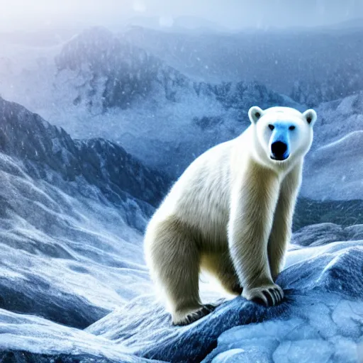 Image similar to a beautiful photo of a polar bear on a mountain, hyper realistic, natural light, concept art, cozy, atmospheric and cinematic lighting