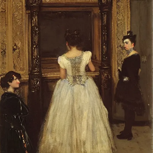 Image similar to a theatre actress waiting behind the curtain on stage, by alfred stevens