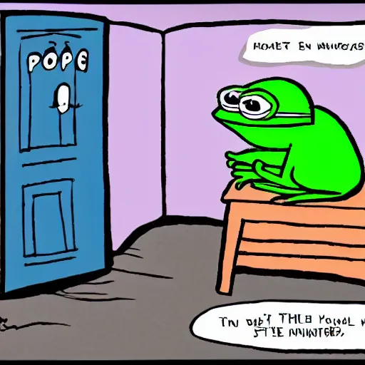 Image similar to pepe the frog sitting in a room, cartoon