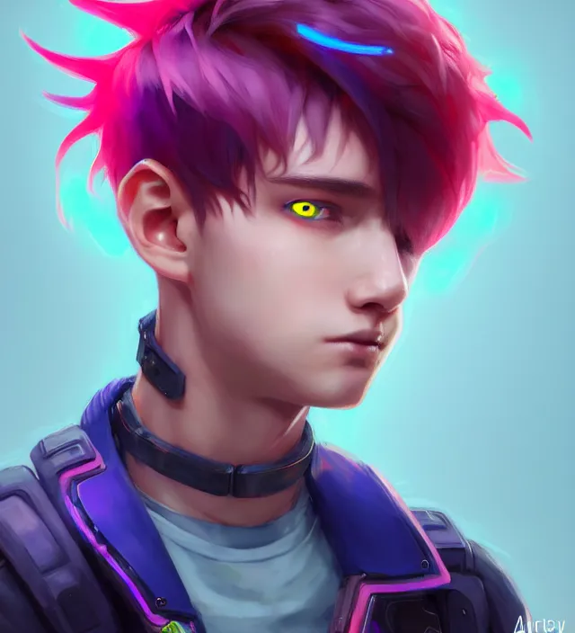 Image similar to character concept art of a cute young cyberpunk boy with colorful hair and collar | | cute - fine - face, pretty face, key visual, realistic shaded perfect face, fine details by stanley artgerm lau, wlop, rossdraws, james jean, andrei riabovitchev, marc simonetti, and sakimichan, trending on artstation