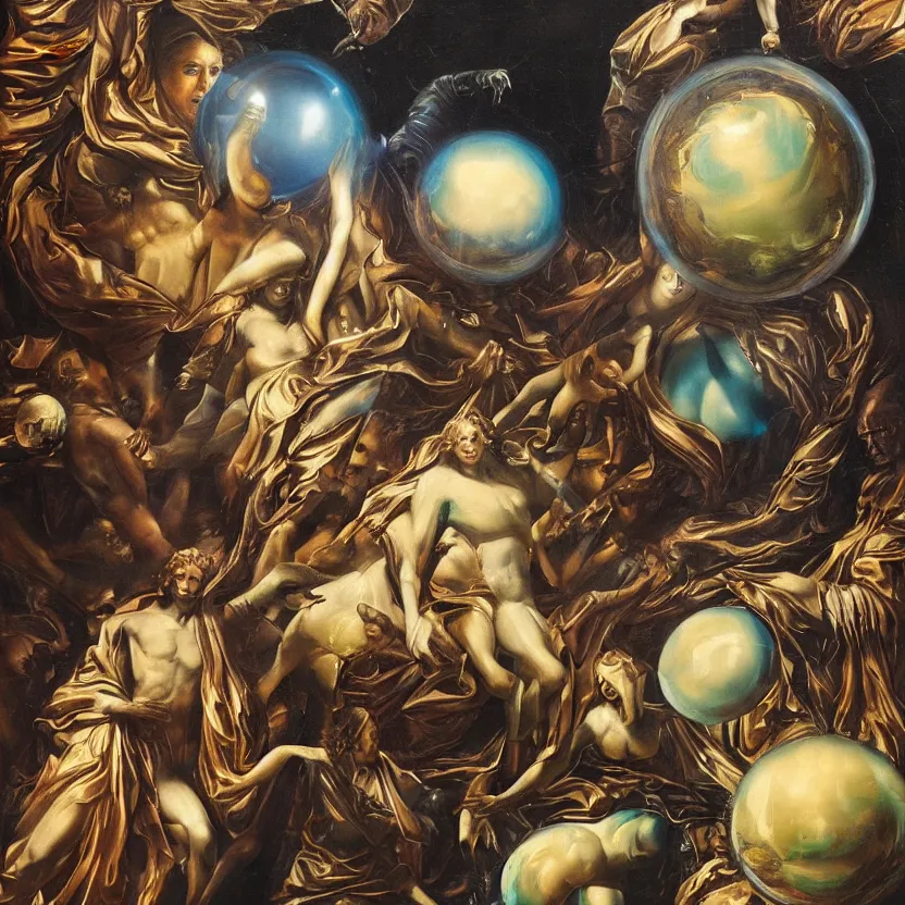 Image similar to marble statues and futuristic aliens reaching through a framed painting, hands holding big glowing orbs, pulp sci - fi art for omni magazine. high contrast. baroque period, oil on canvas. renaissance masterpiece