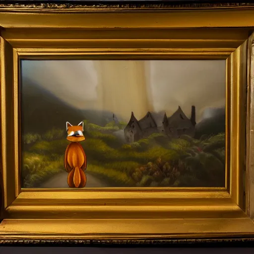 Prompt: oil painting of an anthropomorphic fox in a robe overlooking a village in the moor, dramatic lighting, overcast weather, highlands, fox in a robe