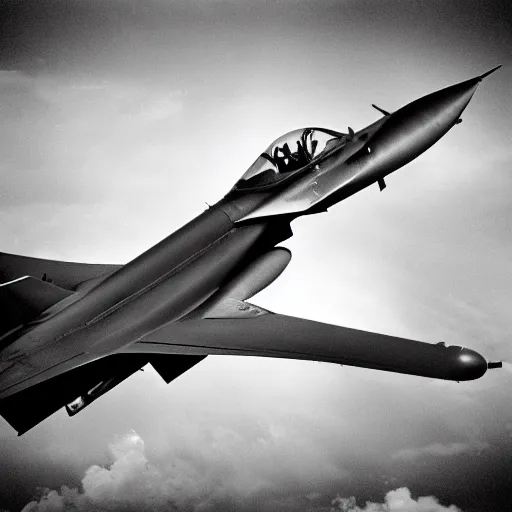 Image similar to fighter jet from the 5 0 s beautiful clouds in the background, grainy footage, black and white