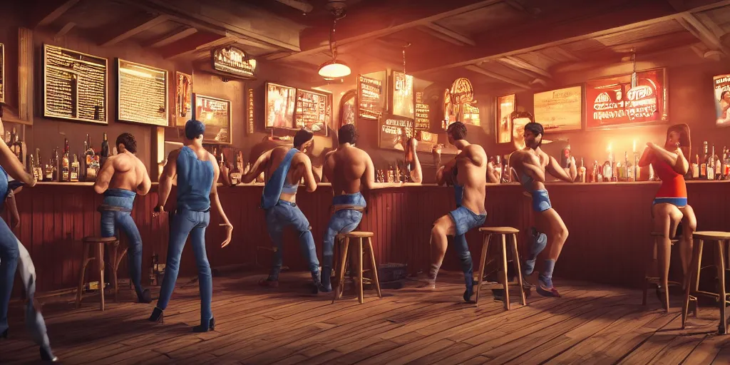 Prompt: a photo of a bar fight inside a pub between attractive people of diverse ethnicities, Leica, symmetrical faces, muscles, detailed faces, accurate faces, 4k, 3D render, hyperrealism, editorial, photorealistic, crisp details, sharp focus, wide angle lens, octane render, cinematic lighting