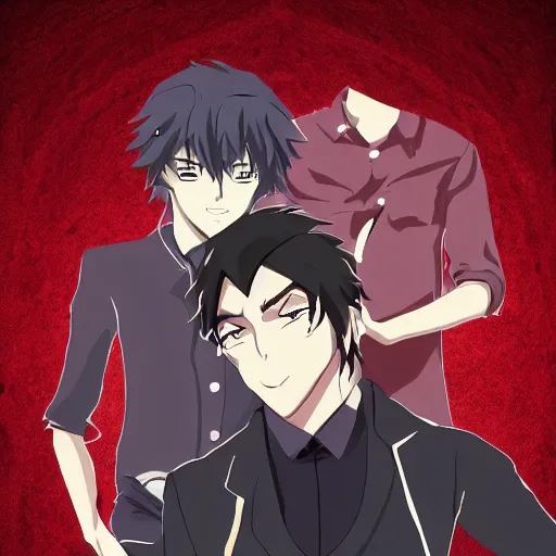 Prompt: two young men, one man human, one man vampire, anime style