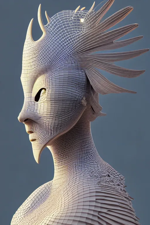 Prompt: 3 d goddess close - up profile portrait. beautiful intricate highly detailed korean gumiho mask and traditional korean hanbok. stingray, magpie, bio luminescent, plasma, lava, ice, water, wind, creature, artwork by tooth wu and wlop and beeple and greg rutkowski, octane 3 d render