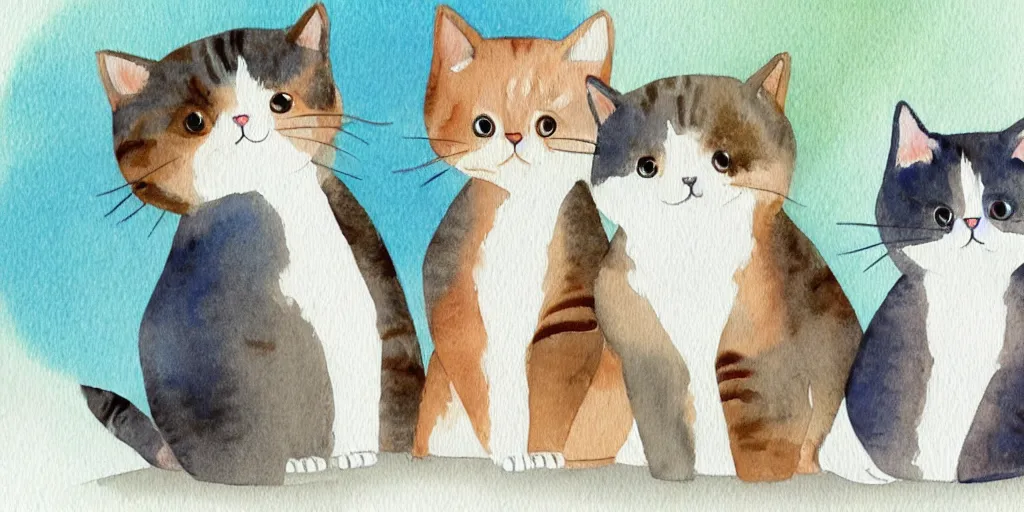 Image similar to watercolor illustration style, cute! cats!! training!