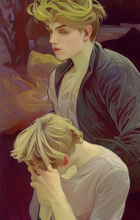 Prompt: young man with short blond hair, looking downwards, magical swirls, magical light, magical atmosphere, depression, alphonse mucha style, painterly, highly detailed, 8 k