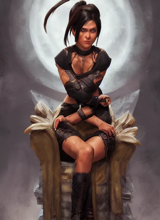 Prompt: An epic fantasy comic book style portrait painting of a tan woman with black hair in a pony tail and serious eyes sitting on a throne, unreal 5, DAZ, hyperrealistic, octane render, cosplay, RPG portrait, dynamic lighting