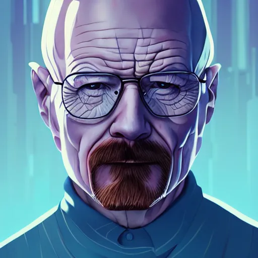 Prompt: high quality illustration, walter white realistic portrait, cyberpunk colors, vaporwave, retro, neotrad, lois van baarle, moebius, digital painting, james jean