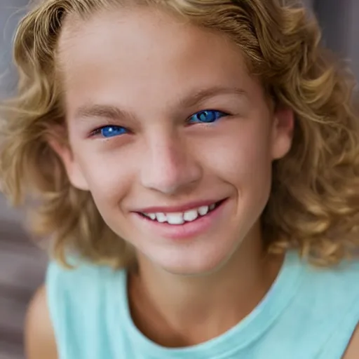 Image similar to a beautiful 1 1 yo boy from florida, blond, joyfully smiling at the camera, blue eyes. healthy